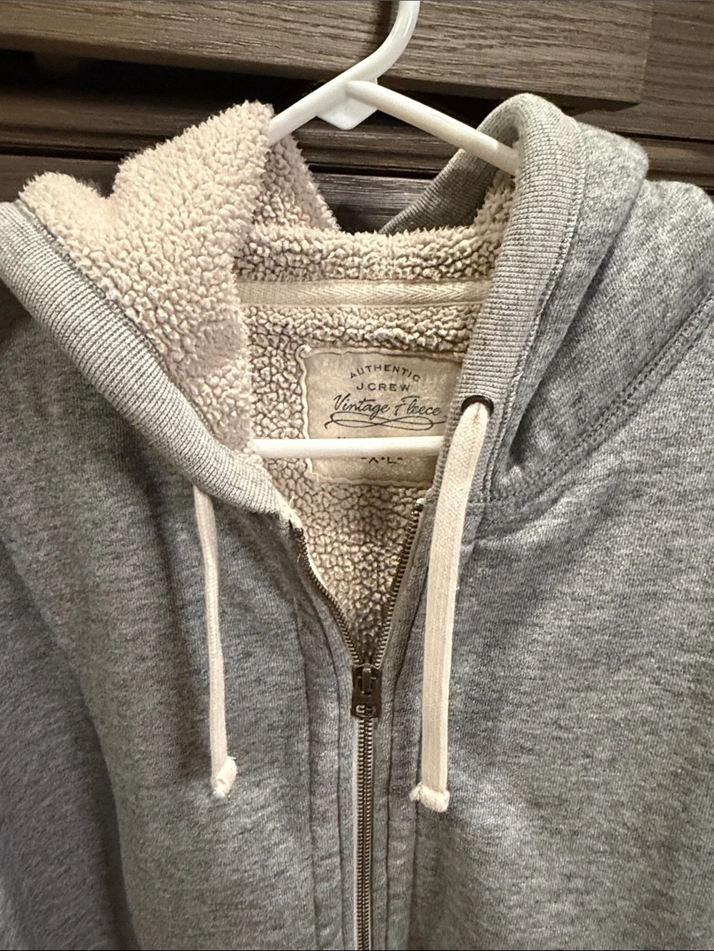 J. Crew Men's Light Gray Zip-Up Hoodie with Cream Sherpa Lining